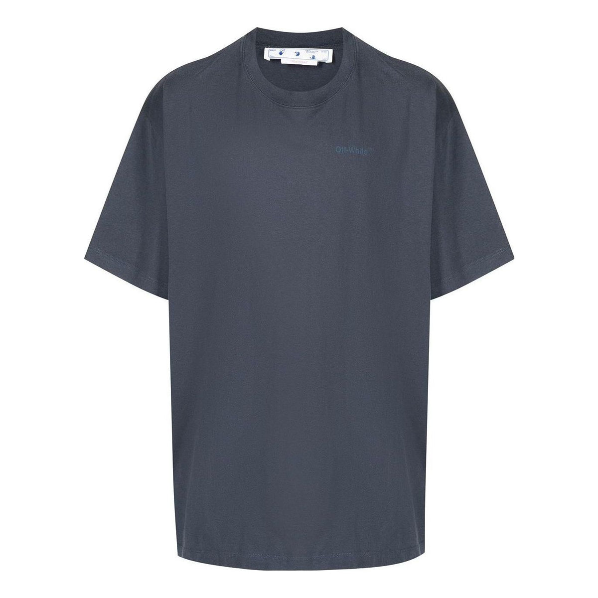 Men's Off-White Stripe Printing Short Sleeve Loose Fit Navy Blue T-Shirt OMAA038S22JER0024646