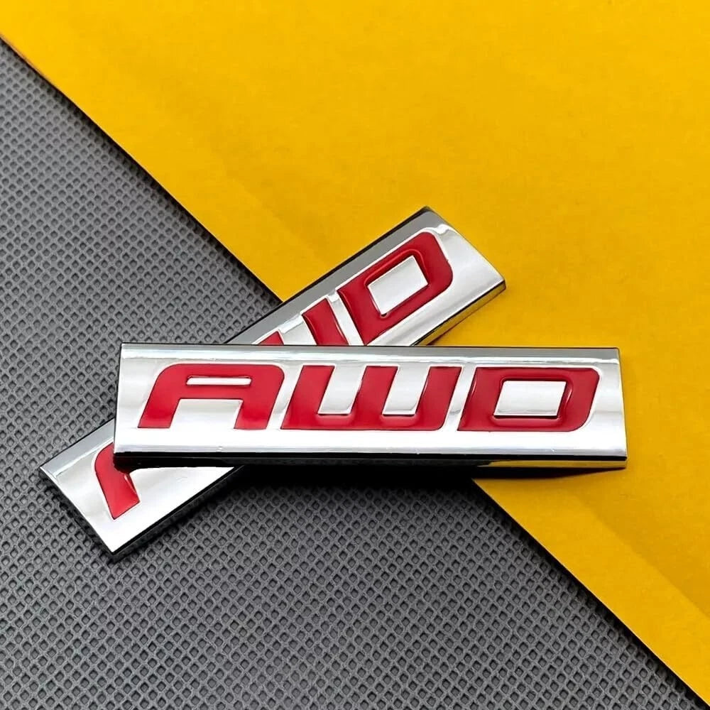 2pcs Metal AWD Emblem All Wheel Drive Badge Car Trunk Lid Sport (Silver Red)
