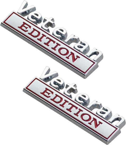 2PCS Veteran Edition Car Decal Emblem 3D Letters Badge Truck Adhesive Silver Red