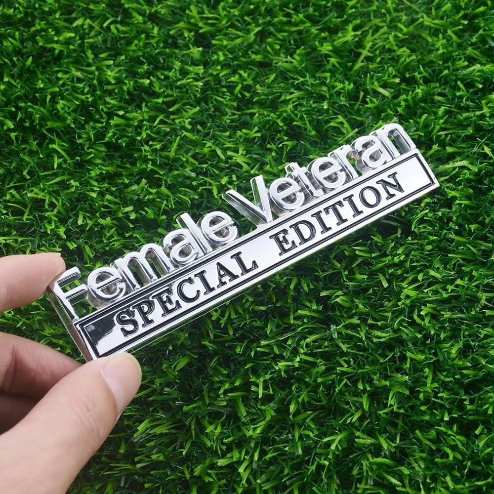 2 Pcs Female Veteran Special Edition Emblems 3D Metal Letters (Silver Black)
