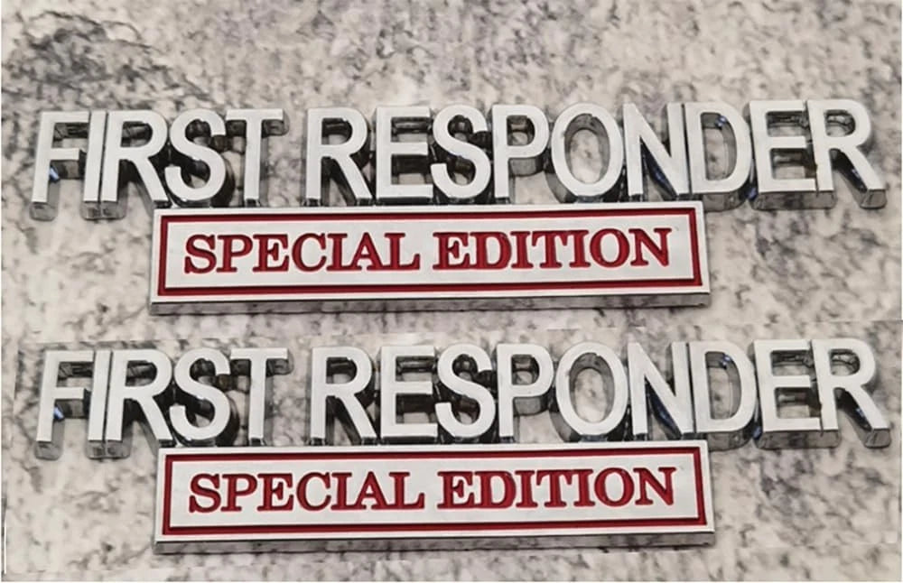 2Pc First FResponder Edition Car Emblems Raised Badge Letters Metal Silver Red