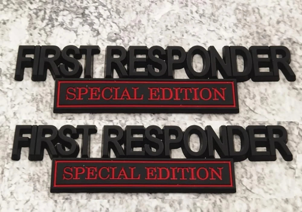 2Pc First FResponder Edition Car Emblems 3D Raised Badge Letters Metal Black Red
