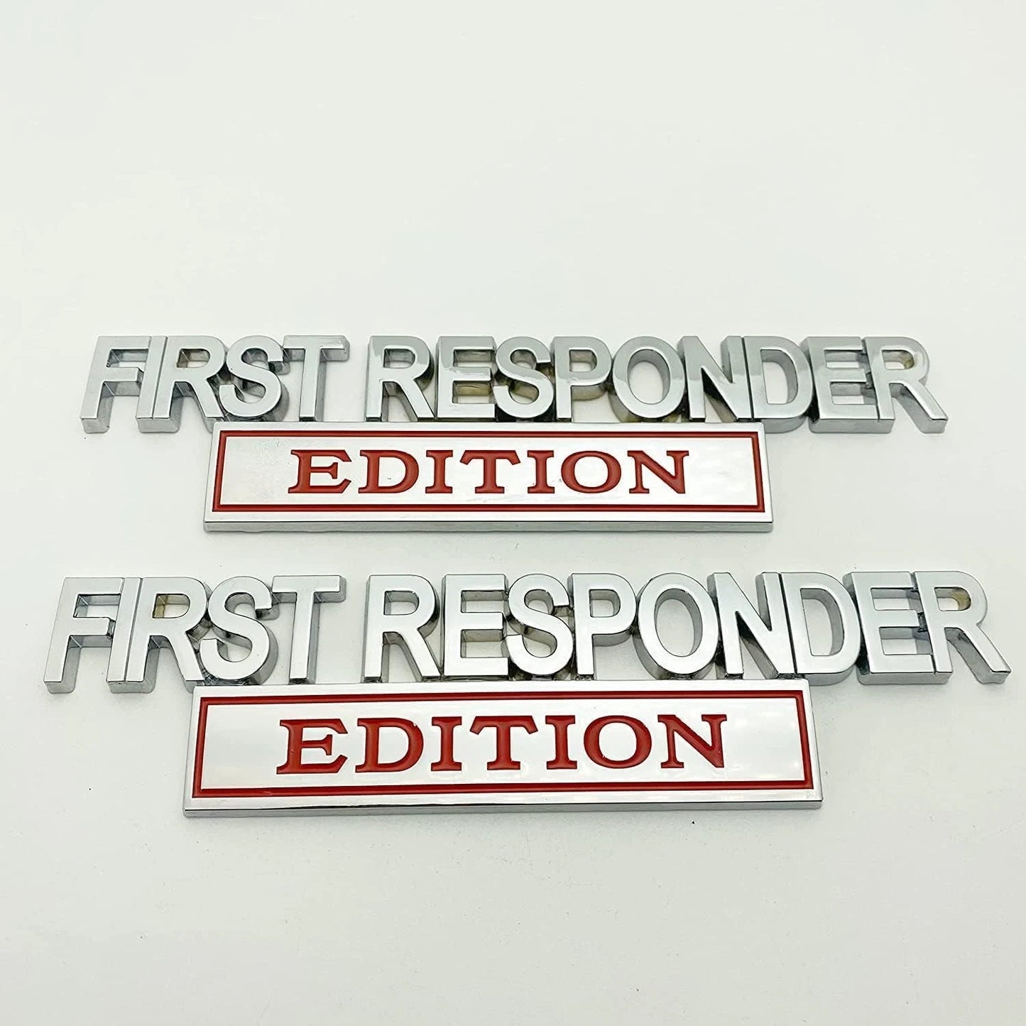 2Pc First FResponder Edition Car Emblems Raised Badge Letters Metal Silver Red