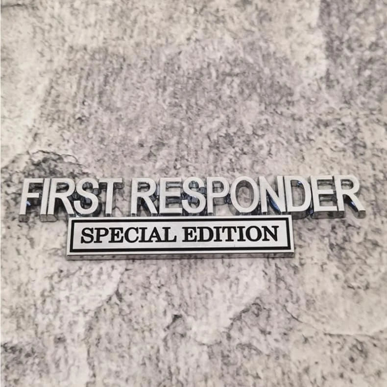 2Pc First FResponder Edition Car Emblems Raised Badge Letters Metal Black Silver