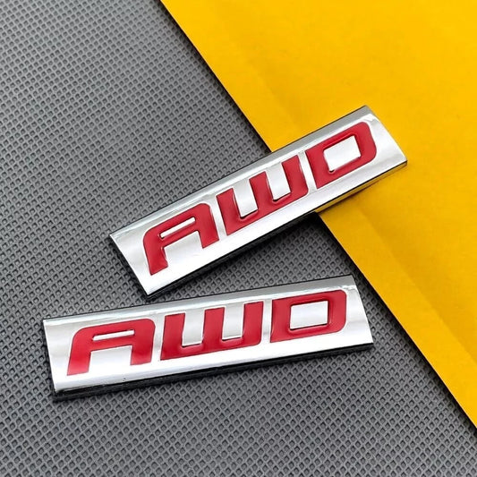 2pcs Metal AWD Emblem All Wheel Drive Badge Car Trunk Lid Sport (Silver Red)