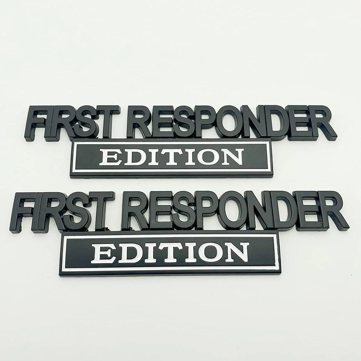 2Pc First FResponder Edition Car Emblems Raised Badge Letters Metal Black White