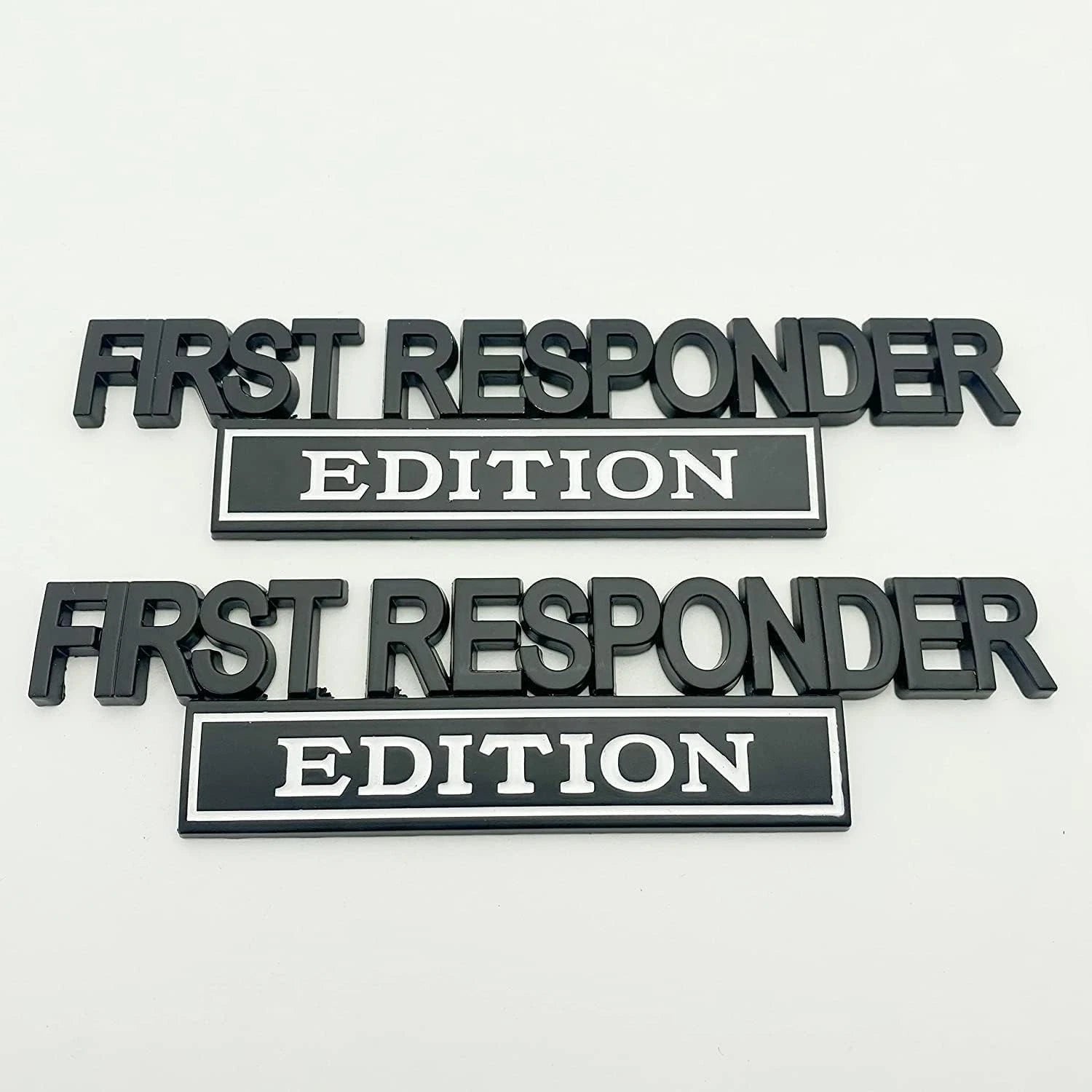 2Pc First FResponder Edition Car Emblems Raised Badge Letters Metal Black White