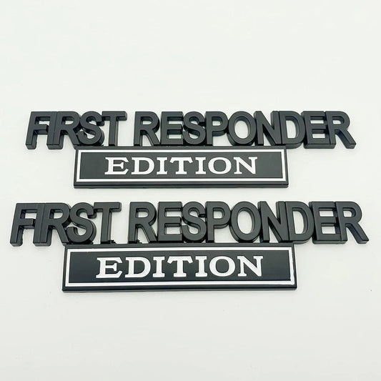 2Pc First FResponder Edition Car Emblems Raised Badge Letters Metal Black White