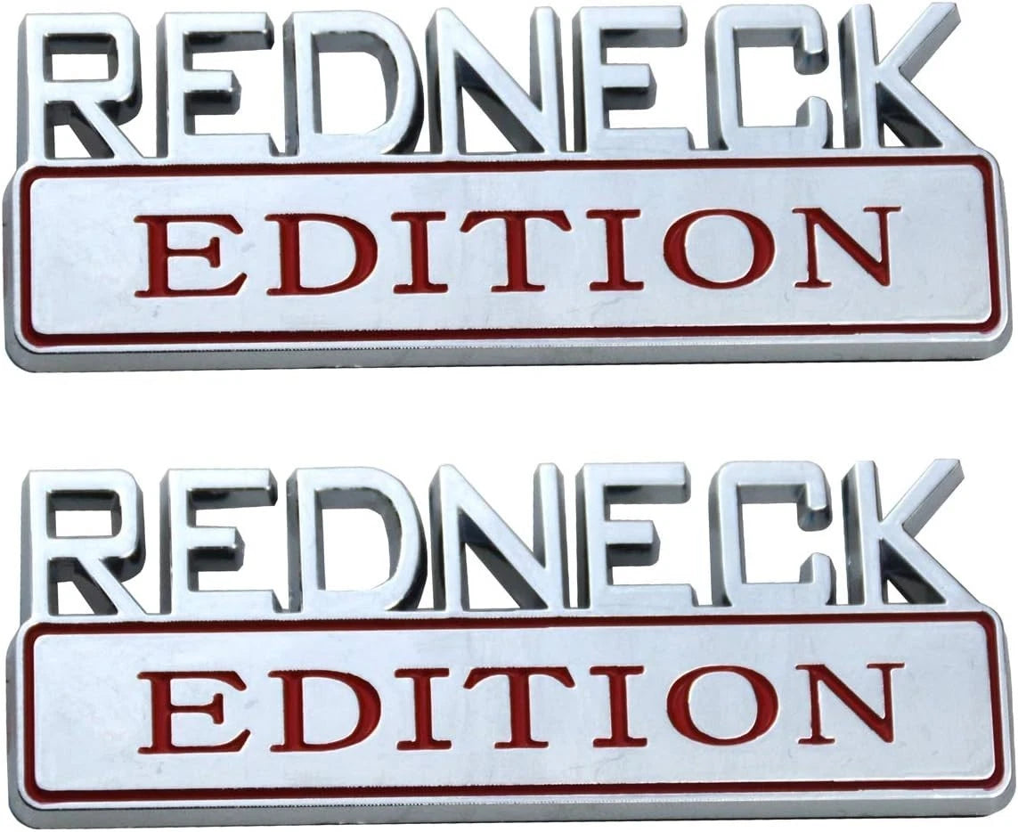 2 PACK REDNECK EDITION EXTERIOR EMBLEM CAR TRUCK BOAT DECAL (Chrome/Red)