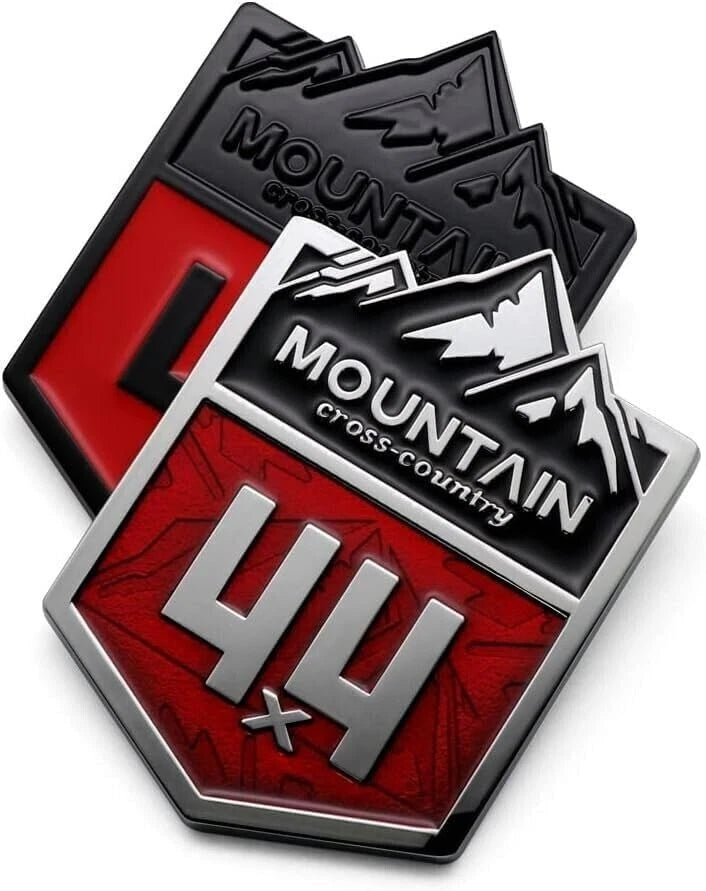 1Pc 4x4 Mountain Cross Country Emblem for Off-Road Vehicle (Silver Red)