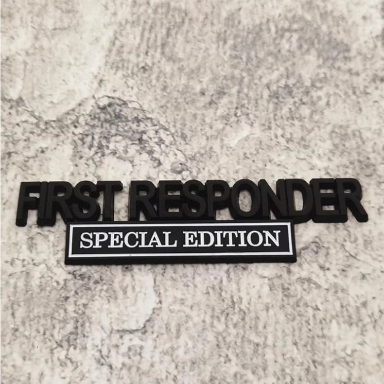 2Pc First FResponder Edition Car Emblems Raised Badge Letters Metal Black White