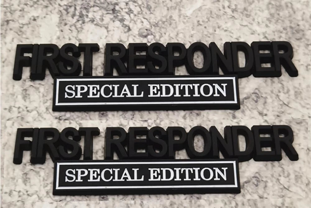 2Pc First FResponder Edition Car Emblems Raised Badge Letters Metal Black White