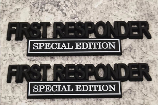 2Pc First FResponder Edition Car Emblems Raised Badge Letters Metal Black White