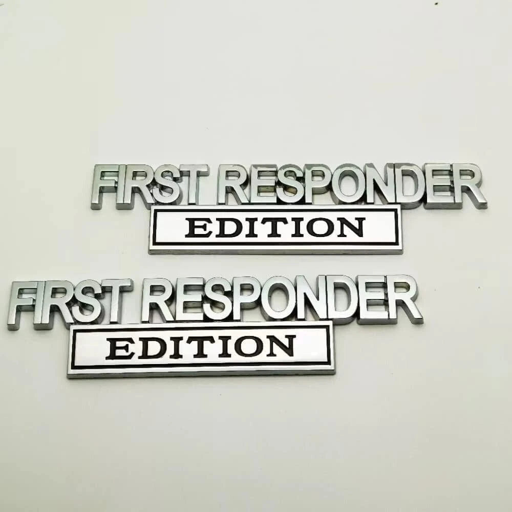 2Pc First FResponder Edition Car Emblems Raised Badge Letters Metal Black Silver