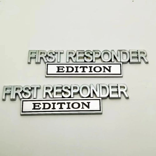 2Pc First FResponder Edition Car Emblems Raised Badge Letters Metal Black Silver