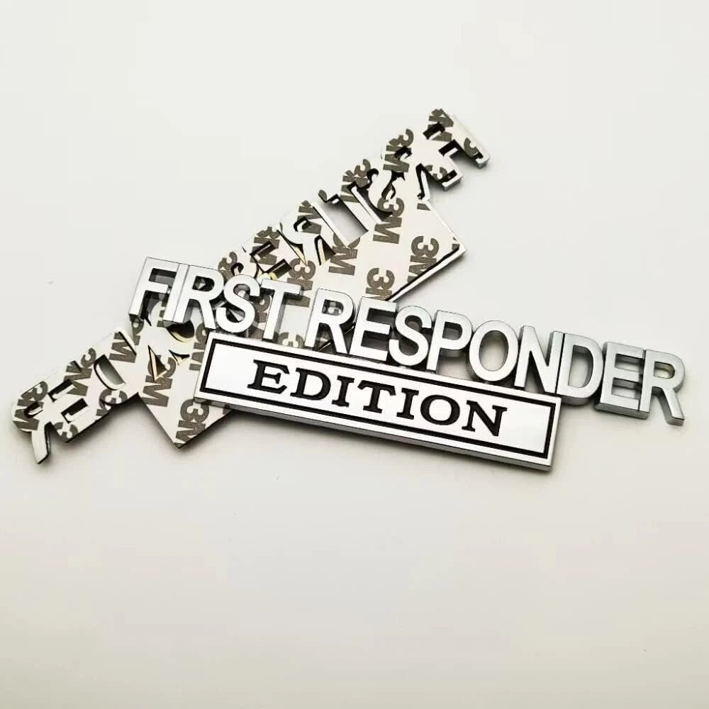 2Pc First FResponder Edition Car Emblems Raised Badge Letters Metal Black Silver
