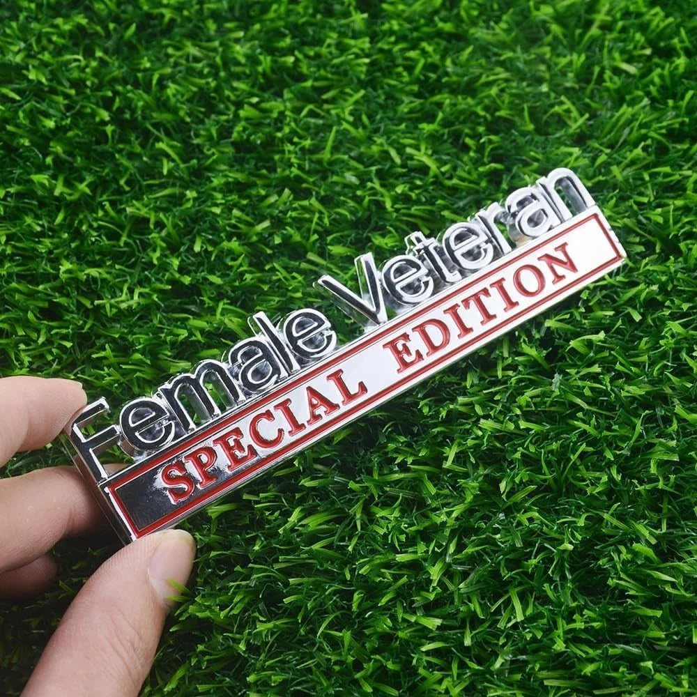 2 Pcs Female Veteran Special Edition Emblems 3D Metal Letters (Silver Red)