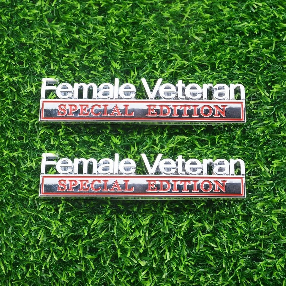 2 Pcs Female Veteran Special Edition Emblems 3D Metal Letters (Silver Red)