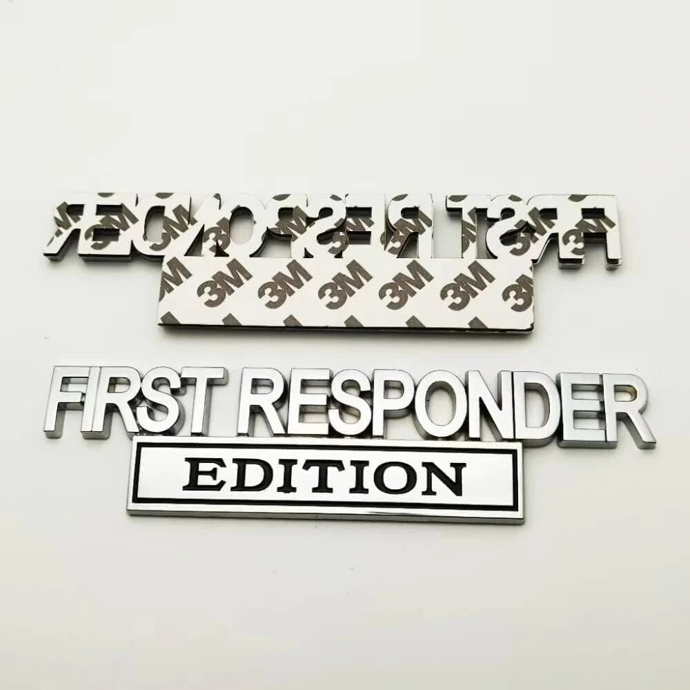 2Pc First FResponder Edition Car Emblems Raised Badge Letters Metal Black Silver