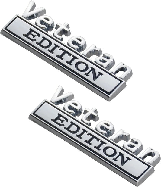 2PCS Veteran Edition Car Emblem 3D Letters Badge Truck Adhesive Silver Black