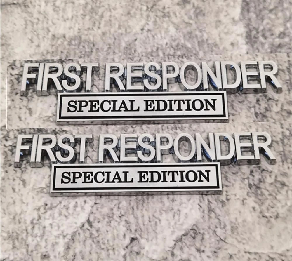 2Pc First FResponder Edition Car Emblems Raised Badge Letters Metal Black Silver