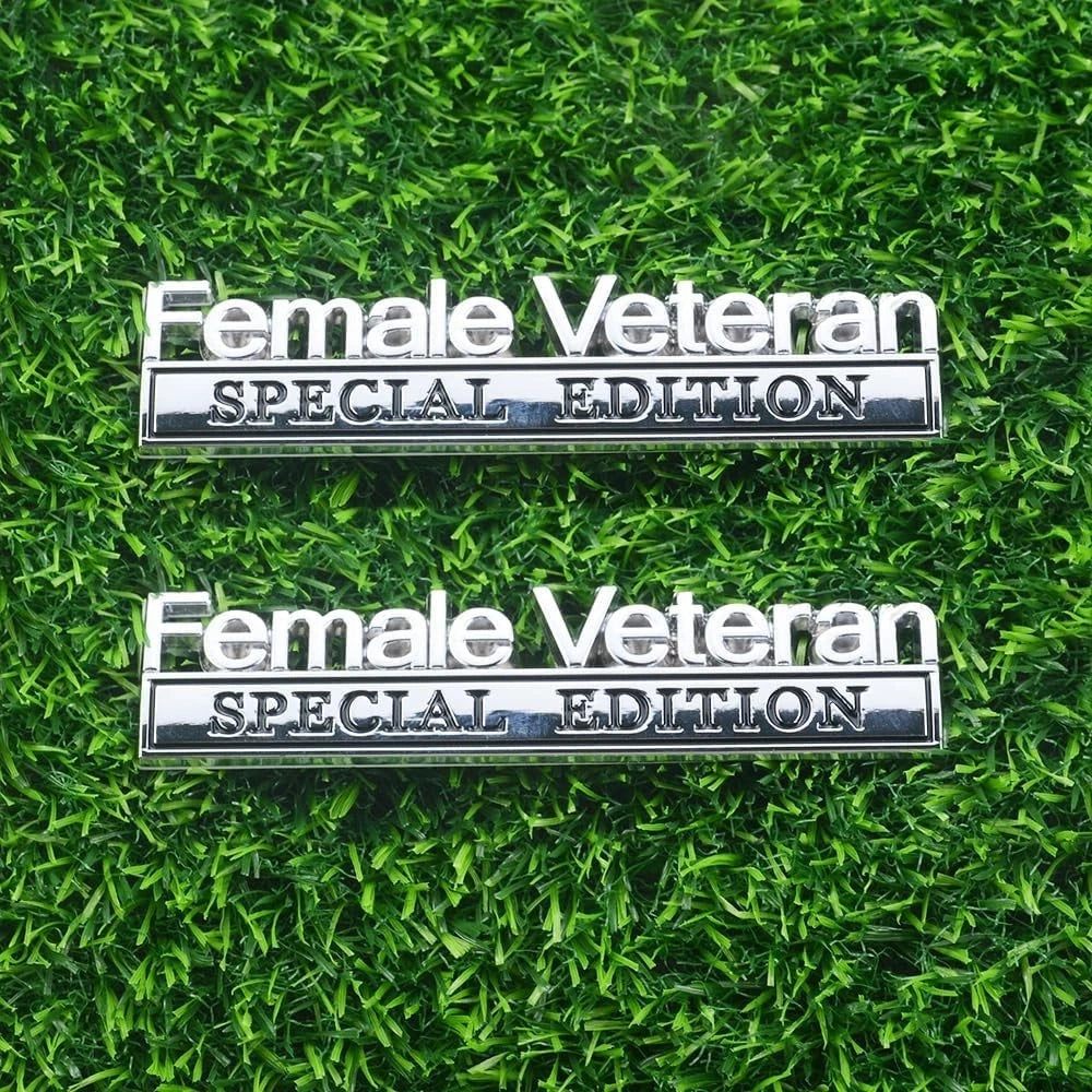 2 Pcs Female Veteran Special Edition Emblems 3D Metal Letters (Silver Black)