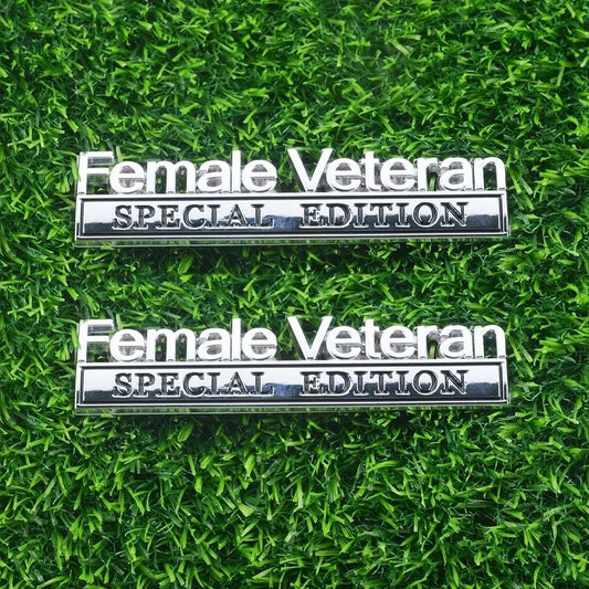 2 Pcs Female Veteran Special Edition Emblems 3D Metal Letters (Silver Black)
